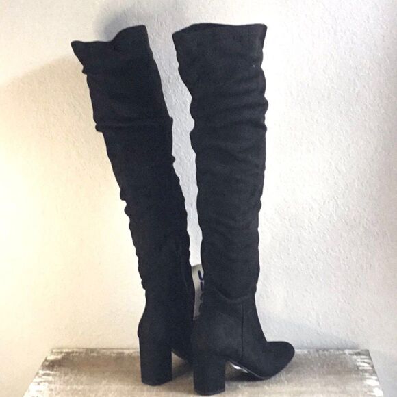 NWT black thigh length suede look chunky heel boots Size 5 1/2 - Picture 4 of 12